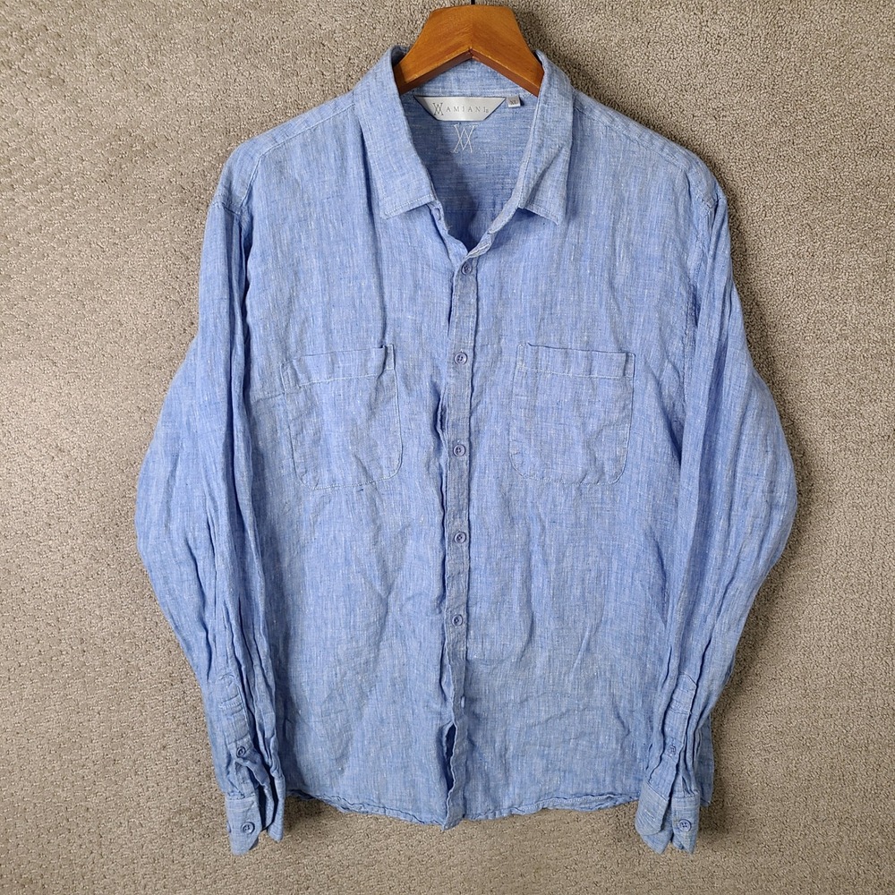 Amiani Shirt Mens XL Blue Button Down 100% Linen Long Sleeve Casual Summer